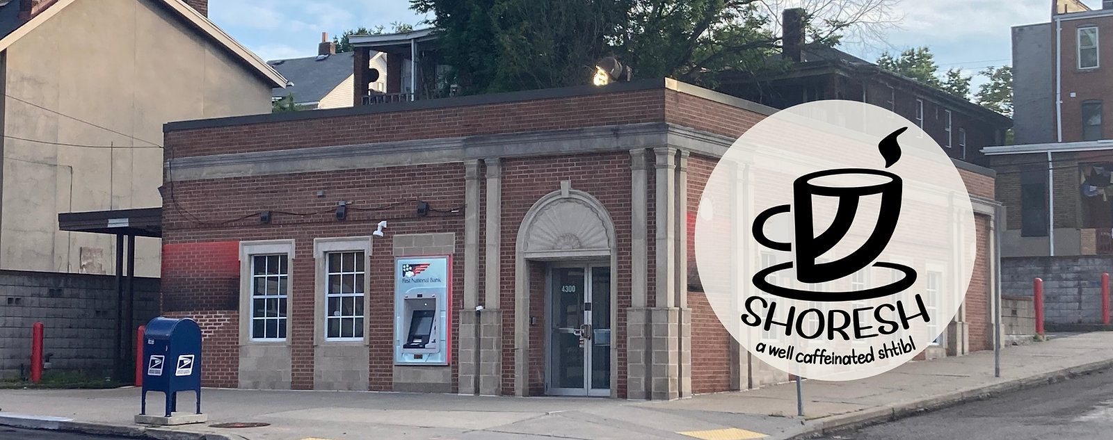 Shoresh's future home in Greenfield with its well-caffeinated shtibl logo