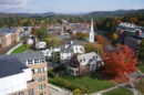Aerial view of the Dartmouth College campus in Hanover, New Hampshire, with fall foliage and the white church spire
