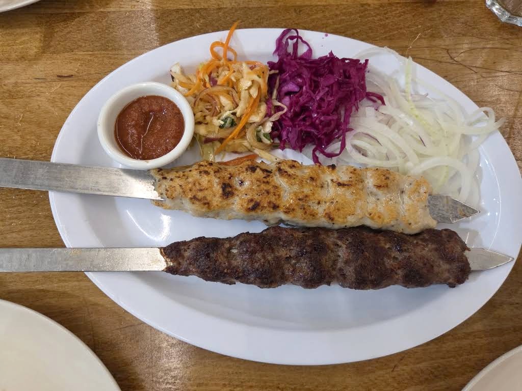 Chicken and lula kebab plate at Chayhana Samarkand in Hallandale Beach, Florida