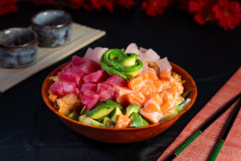 Poke bowl with tuna, salmon and avocado at Noribar kosher sushi restaurant
