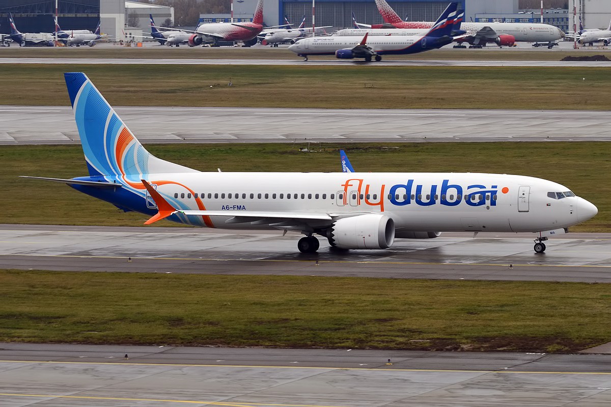 Flydubai Boeing 737 MAX 8 taxiing at an airport